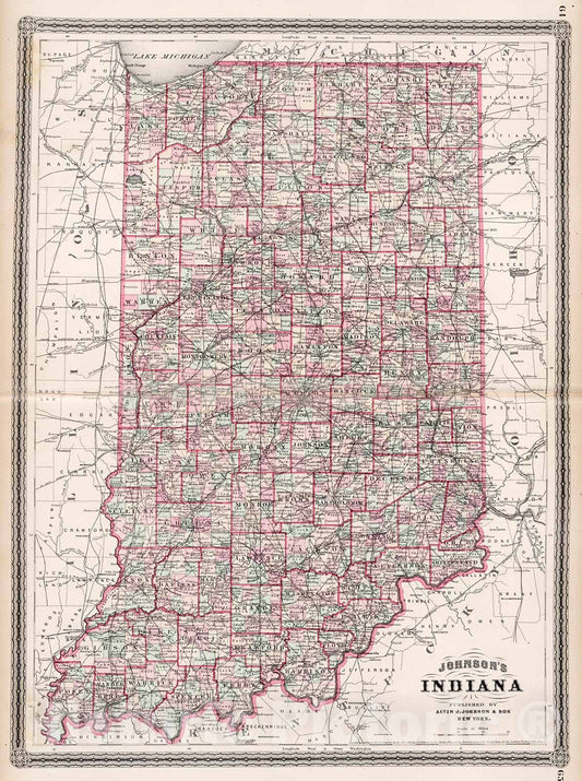 Historic Map : Johnson's Indiana, 1880, Vintage Wall Decor