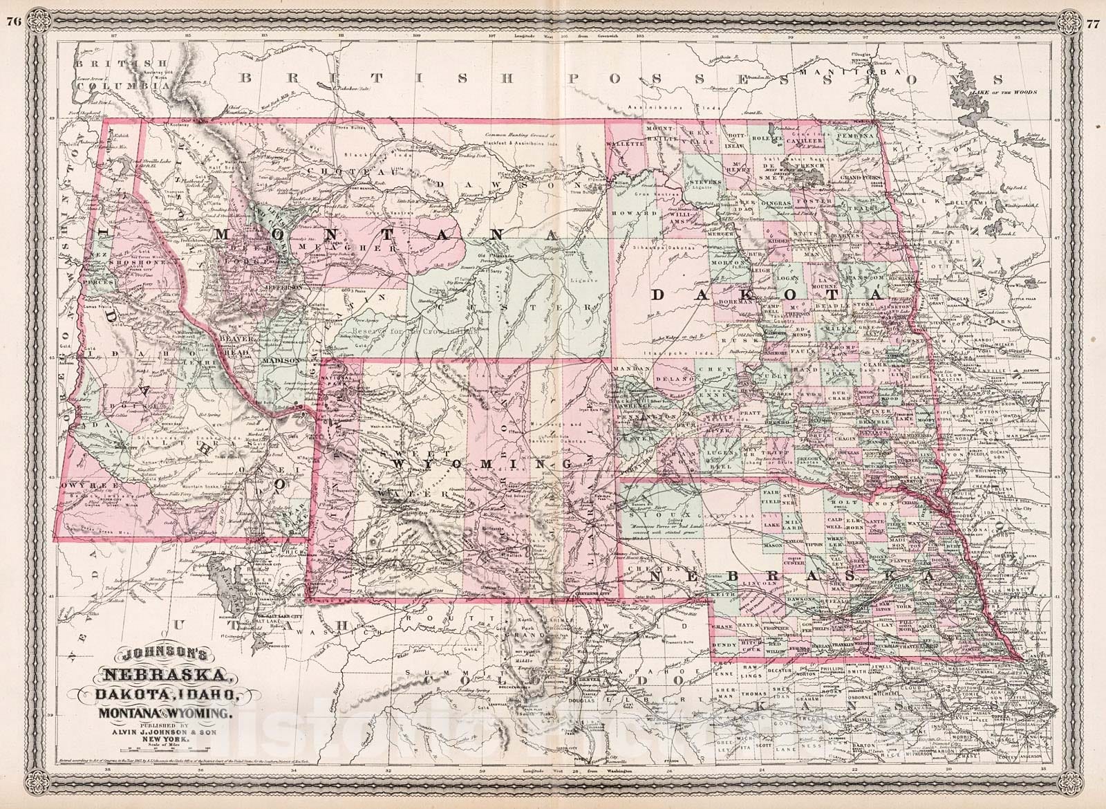 Historic Map - Johnson's Nebraska, Dakota, Idaho, Montana and Wyoming, 1870, Alvin Jewett Johnson - Vintage Wall Art
