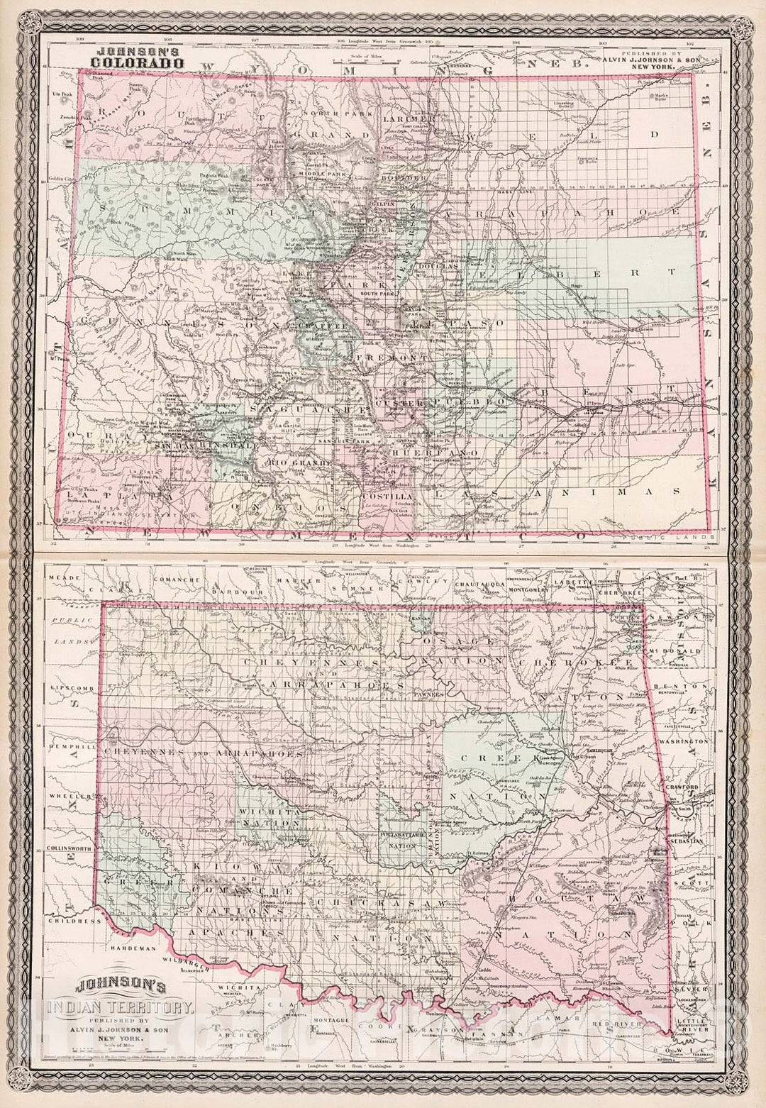 Historic Map : Johnson's Colorado. Johnson's Indian Territory, 1880, Vintage Wall Decor
