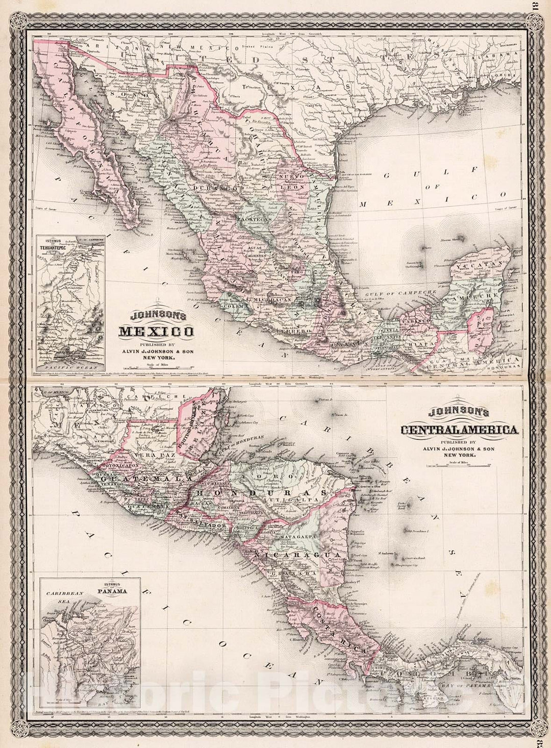 Historic Map : Johnson's Mexico. Johnson's Central America, 1880, Vintage Wall Decor