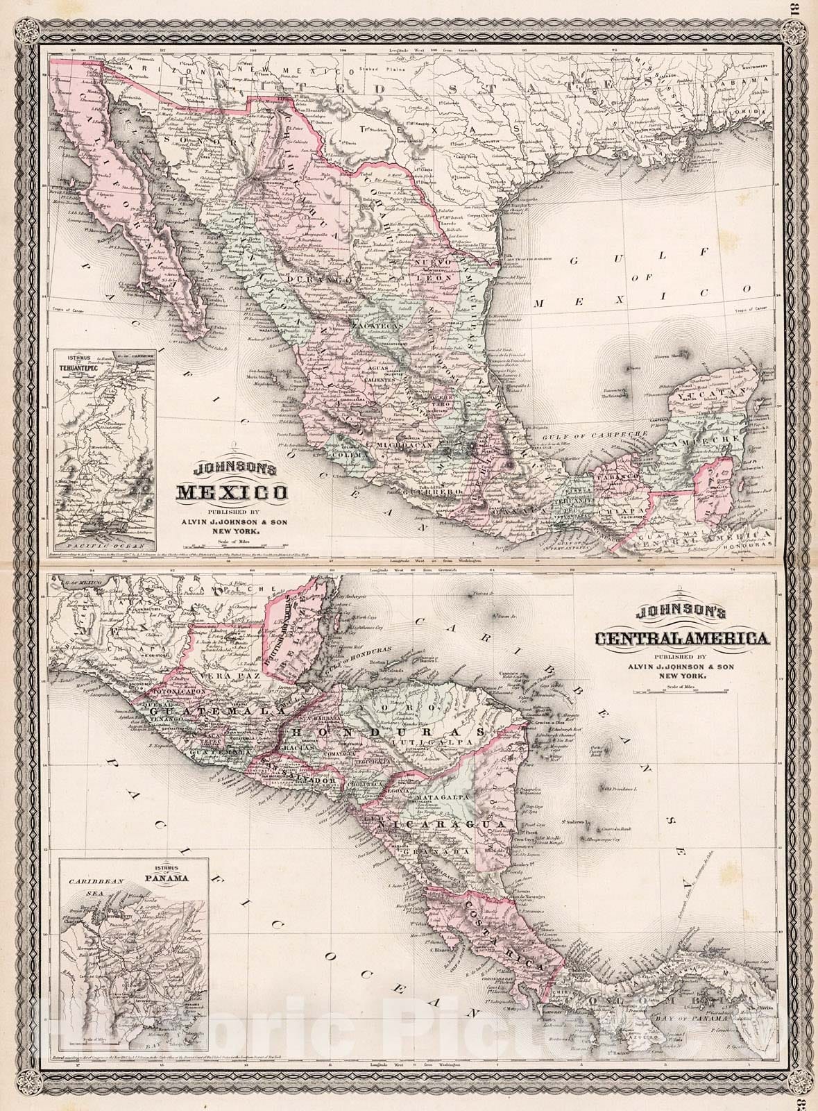 Historic Map : Johnson's Mexico. Johnson's Central America, 1880, Vintage Wall Decor