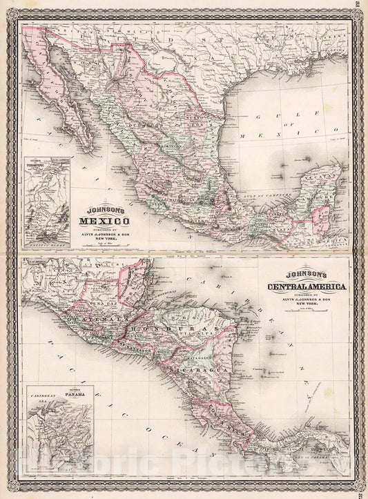 Historic Map : Johnson's Mexico. Johnson's Central America, 1880, Vintage Wall Decor