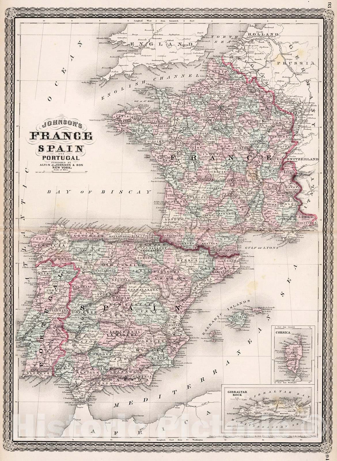Historic Map : Johnson's France, Spain and Portugal, 1880, Vintage Wall Decor