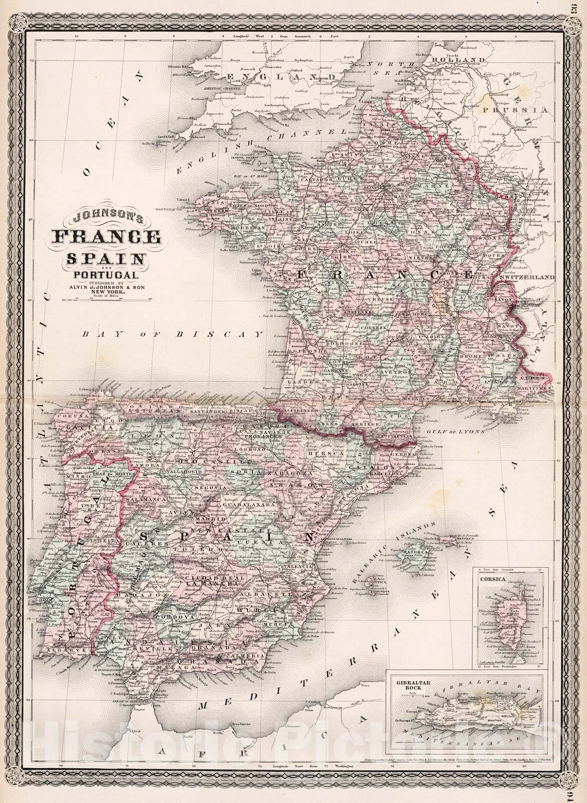 Historic Map : Johnson's France, Spain and Portugal, 1880, Vintage Wall Decor