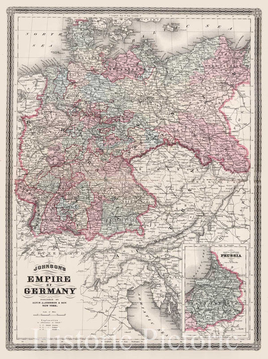 Historic Map : Johnson's Empire of Germany, 1880, Vintage Wall Decor