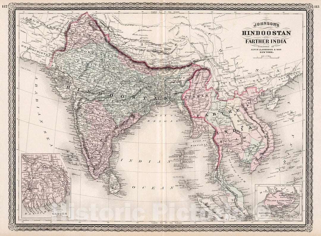 Historic Map : Johnson's Hindoostan and Farther India, 1880, Vintage Wall Decor