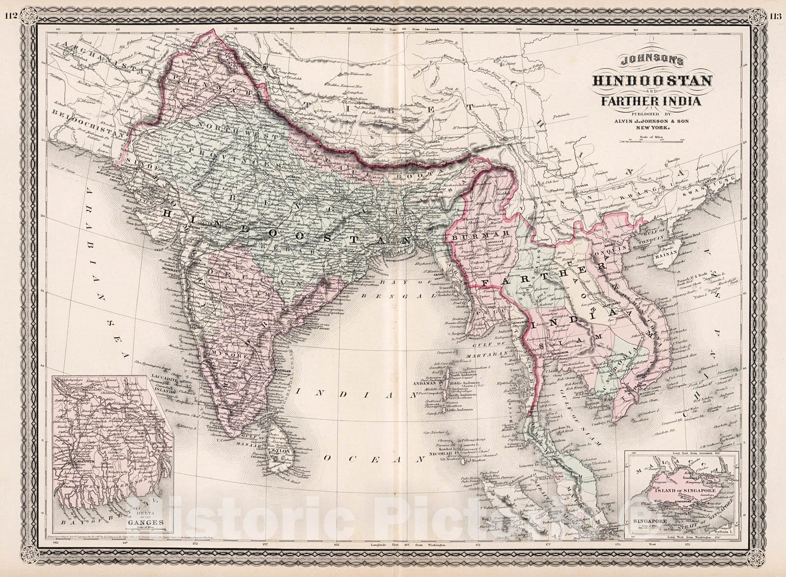 Historic Map : Johnson's Hindoostan and Farther India, 1880, Vintage Wall Decor