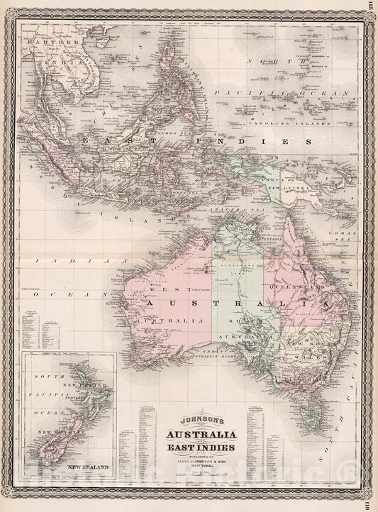 Historic Map : Johnson's Australia and East Indies, 1880, Vintage Wall Decor