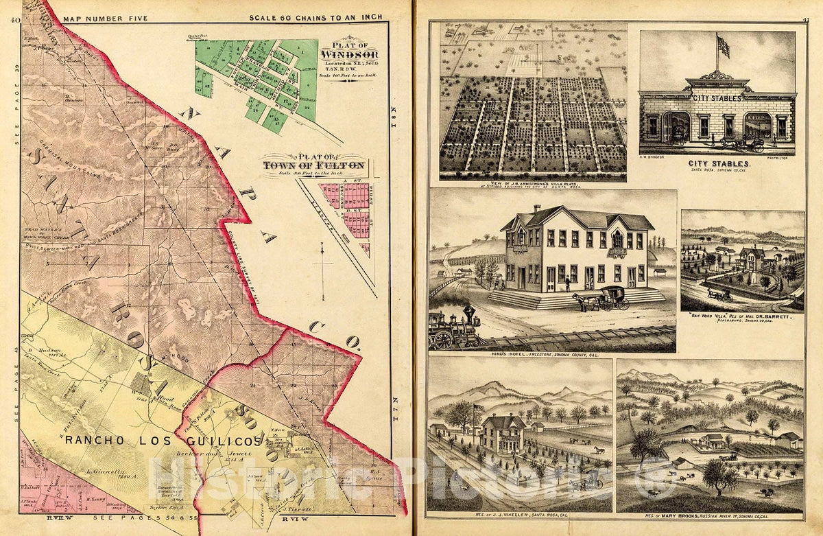 Historic Map : Santa Rosa and Sonoma Townships. (and) Views., 1877, Vintage Wall Decor