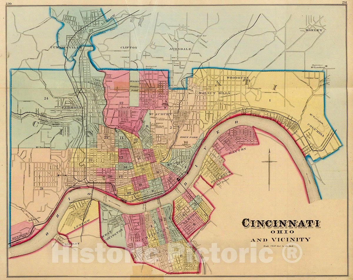 Historic Map : Cincinnati, Ohio and vicinity., 1877, Vintage Wall Decor