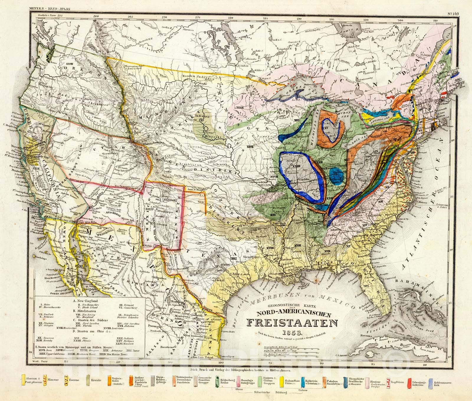 Historic Map : Geognos. Karte, Nord-Amer. Freistaate., 1860, Vintage Wall Decor