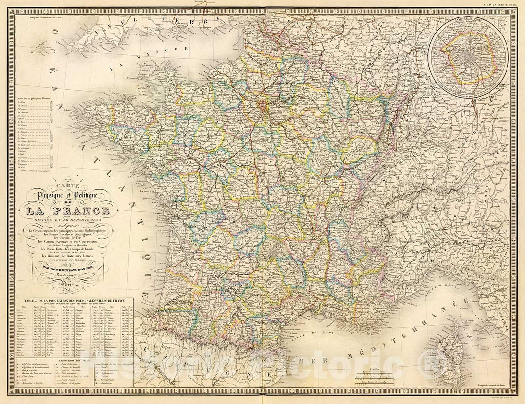 Historic Map : France physique, politique., 1850, Vintage Wall Decor