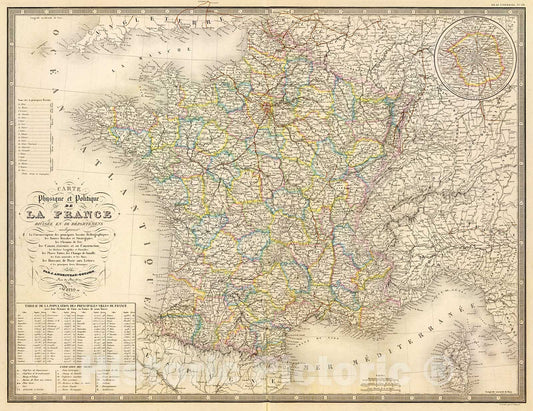 Historic Map : France physique, politique., 1850, Vintage Wall Decor