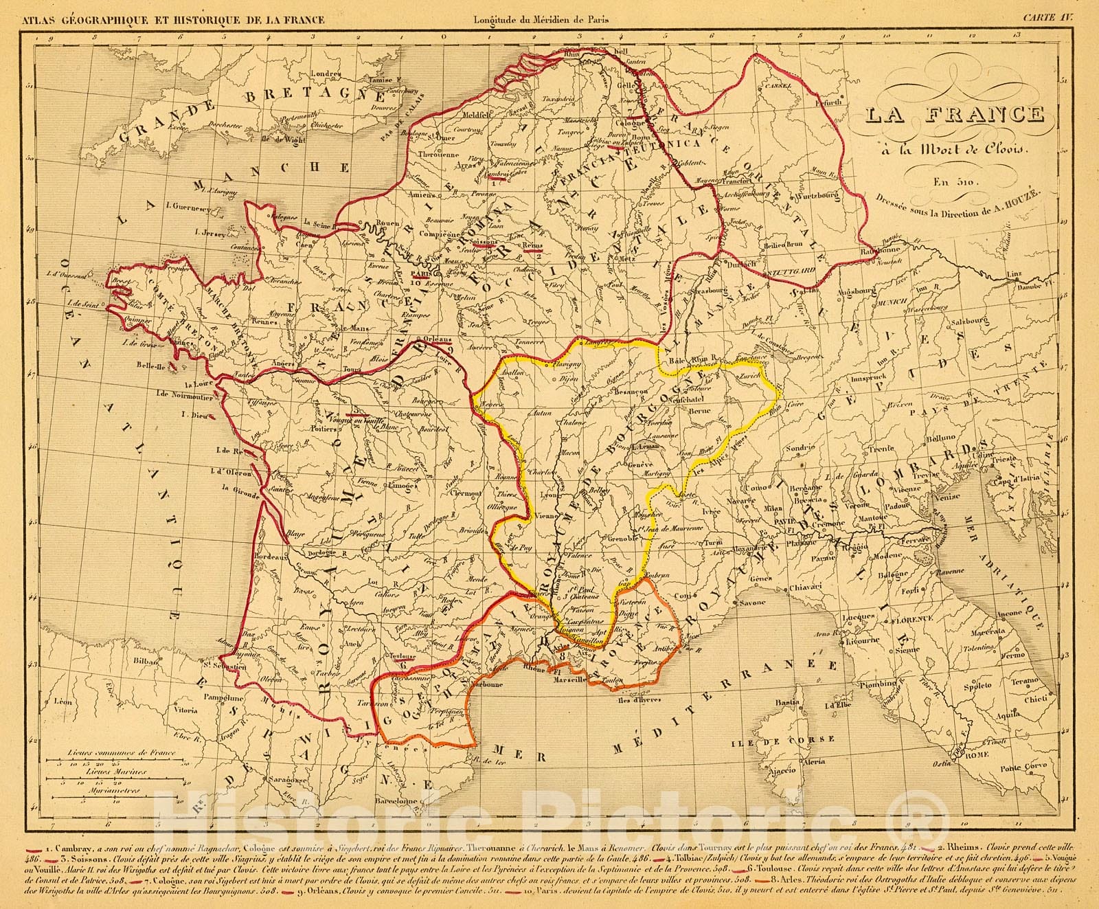 Historic Map : La France a la mort de Clovis en 510., 1844, Vintage Wall Decor