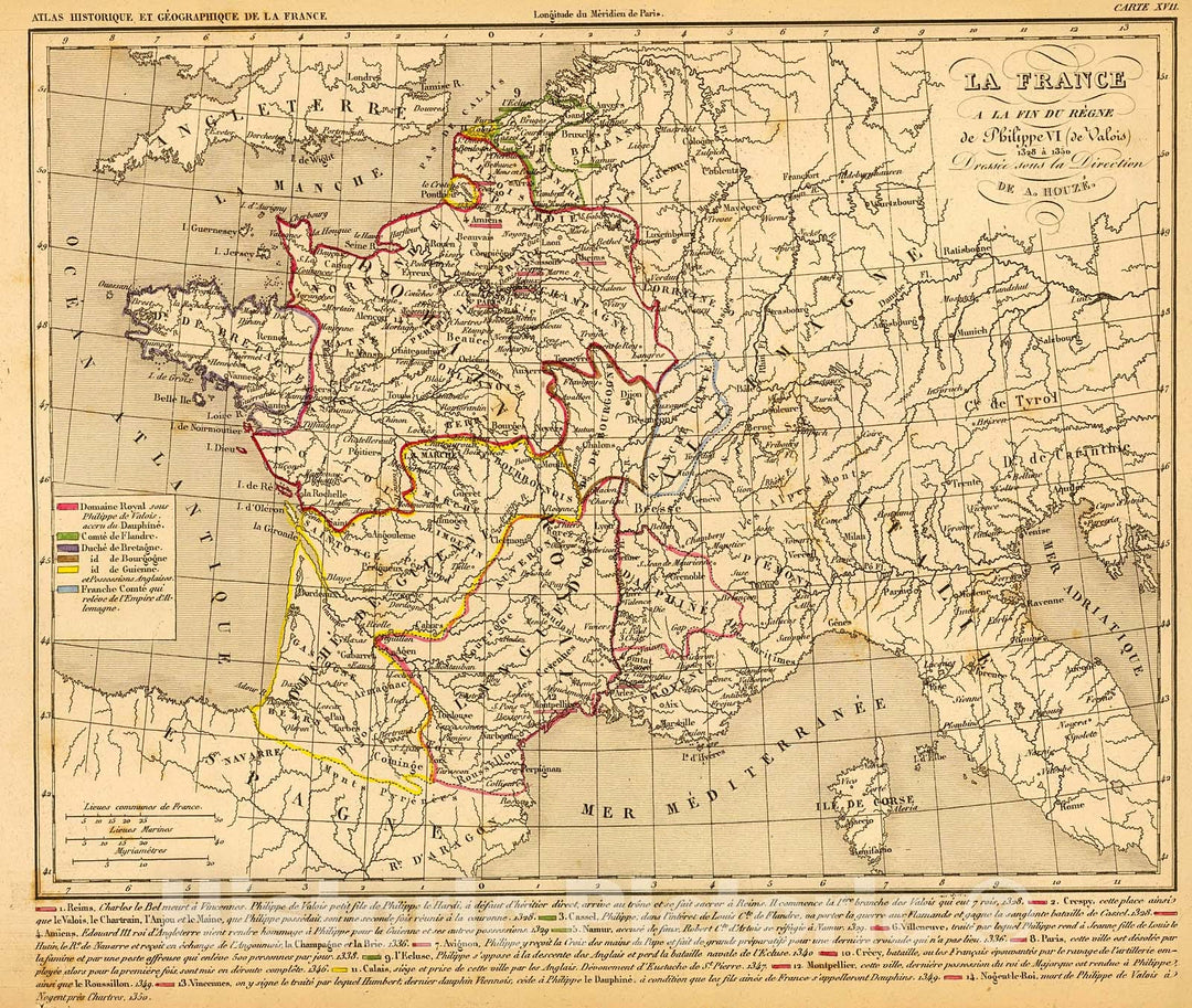 Historic Map : La France 1328 a 1350., 1844, Vintage Wall Decor