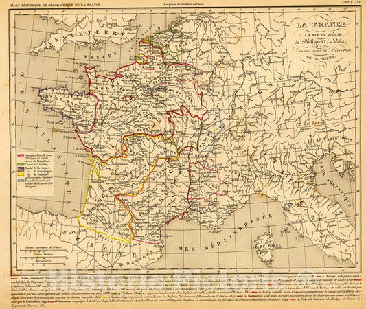Historic Map : La France 1328 a 1350., 1844, Vintage Wall Decor