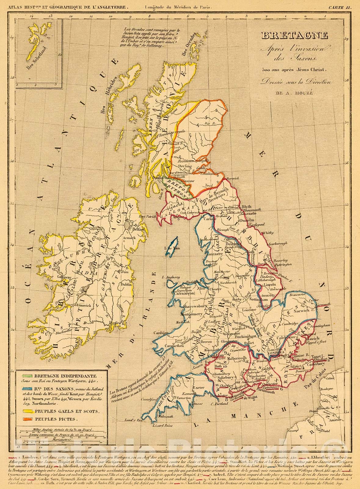Historic Map : Bretagne apres l'invasion des Saxons, 500 ans apres Jesus Christ., 1844, Vintage Wall Decor