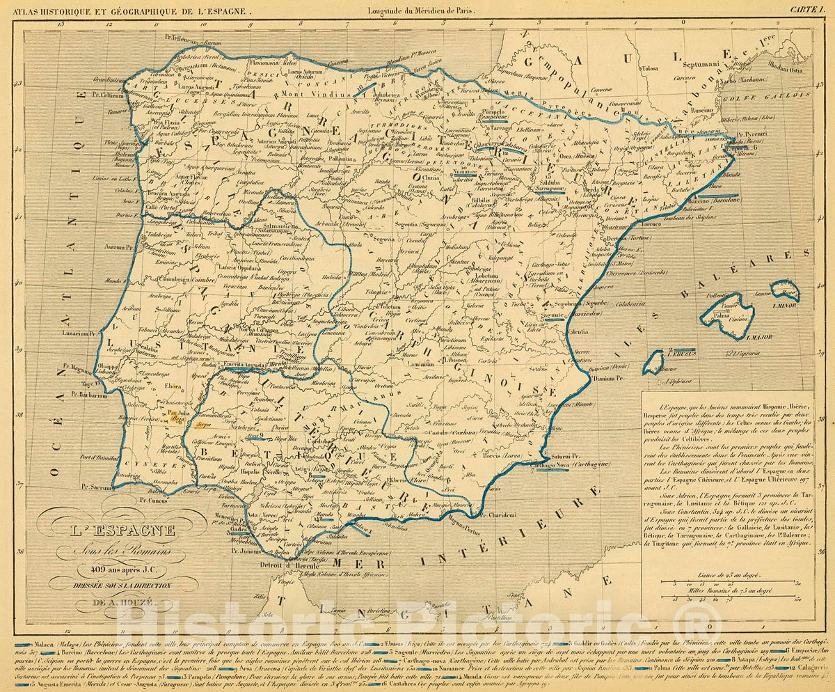 Historic Map : L'Espagne sous les Romains 409 ans apres J.C., 1844, Vintage Wall Decor
