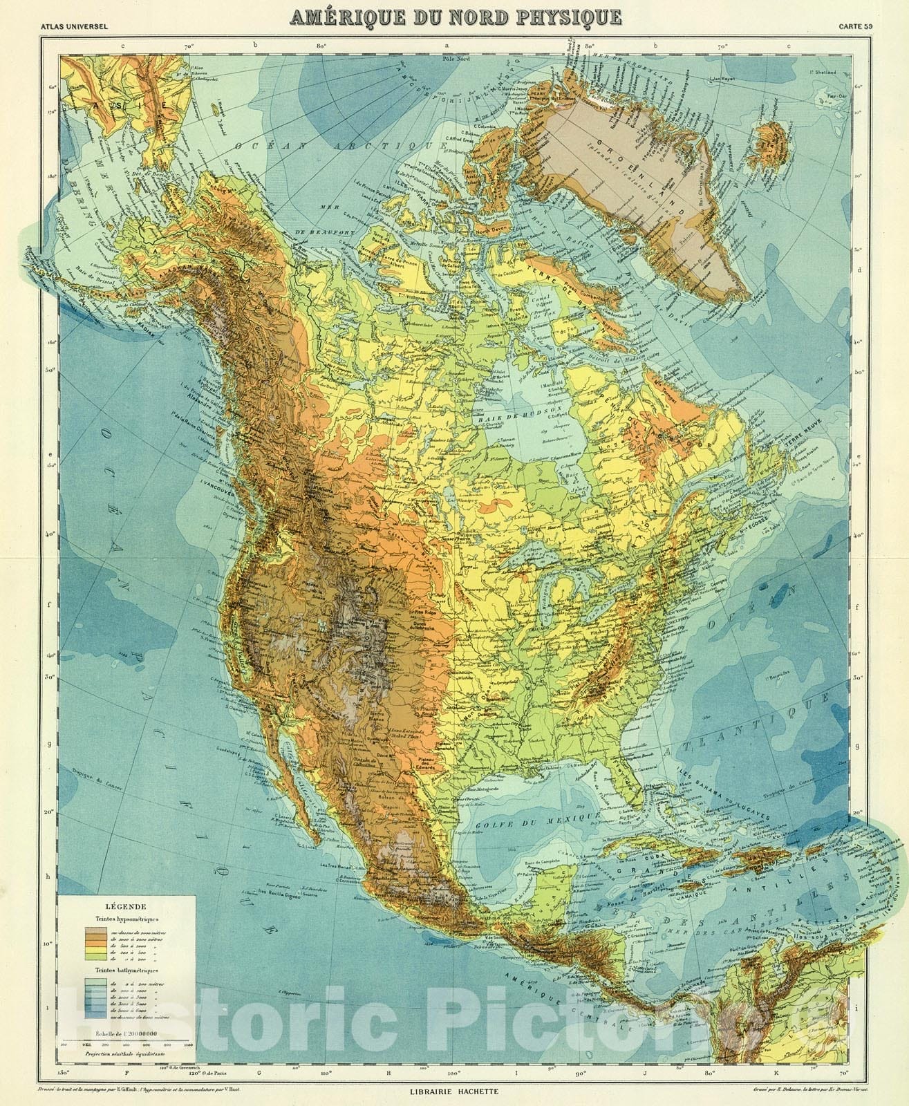 Historic Map : Amerique de Nord Physique., 1937, Vintage Wall Decor