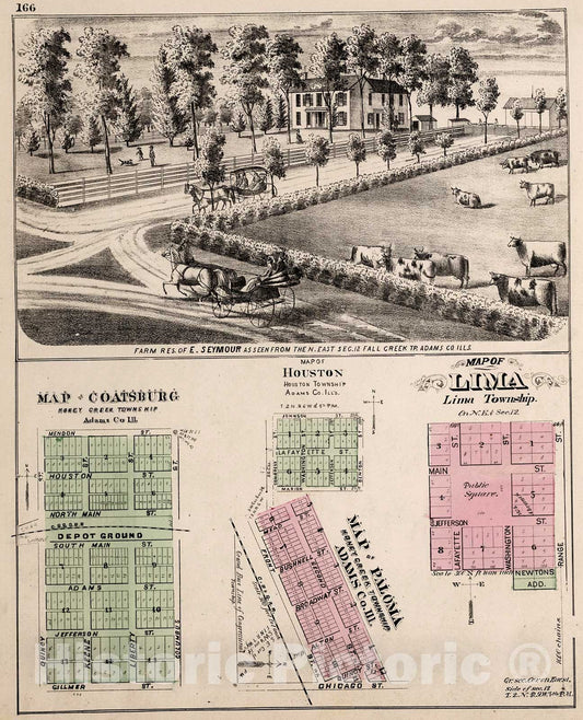 Historic Map : Coatsburg. Houston. Paloma. Lima, Illinois. (View) Residence of E. Seymour., 1872, Vintage Wall Decor