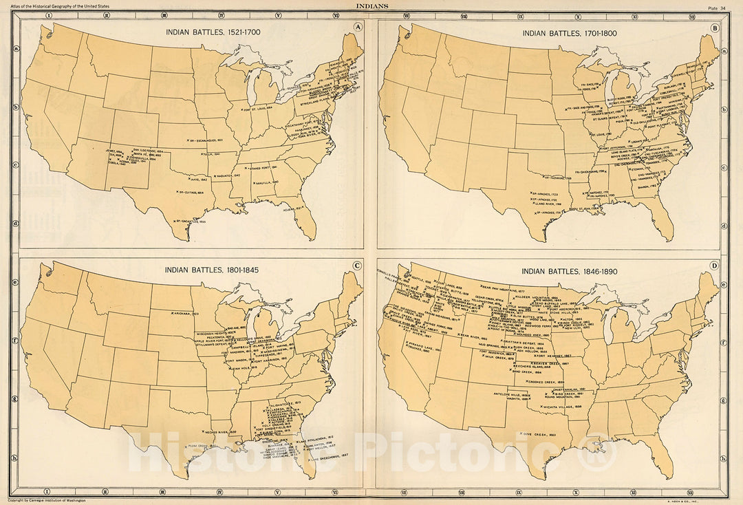 Historic Map : Plate 34. Indians. Indian Battles, 1521-1700., 1932, Vintage Wall Decor