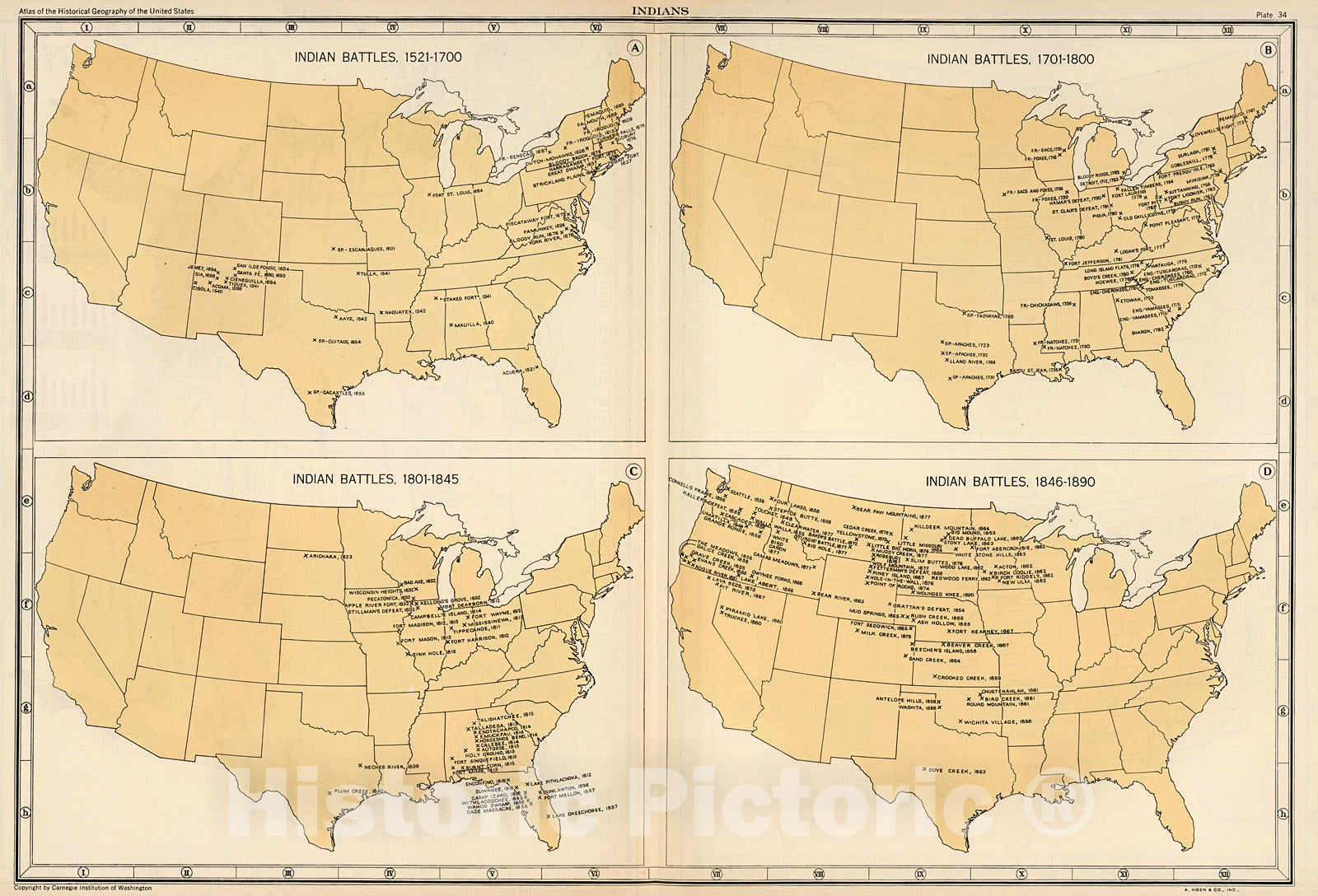 Historic Map : Plate 34. Indians. Indian Battles, 1521-1700., 1932, Vintage Wall Decor