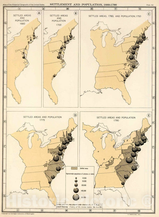 Historic Map : Plate 60. Settlement and Population, 1660-1790., 1932, Vintage Wall Decor