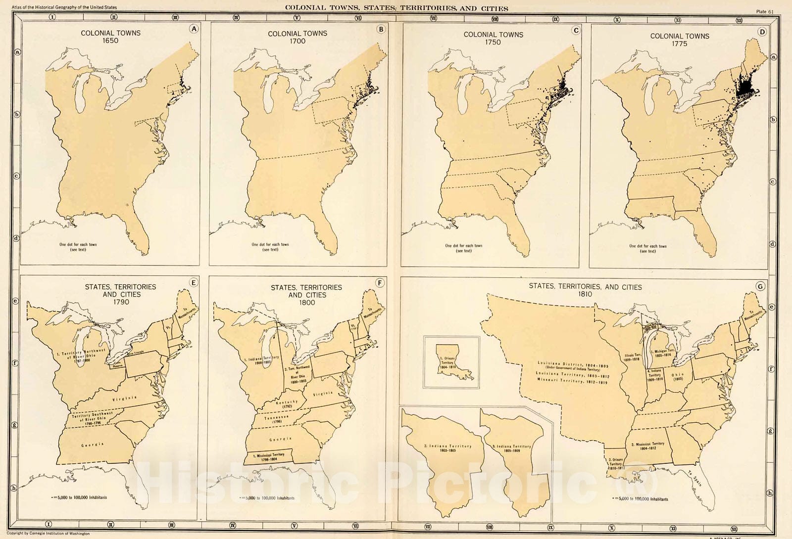 Historic Map : Plate 61. Colonial Towns, States, Territories, and Cities, 1650 - 1810., 1932, Vintage Wall Decor