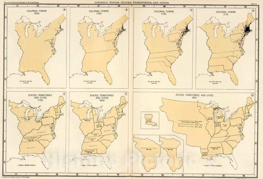 Historic Map : Plate 61. Colonial Towns, States, Territories, and Cities, 1650 - 1810., 1932, Vintage Wall Decor