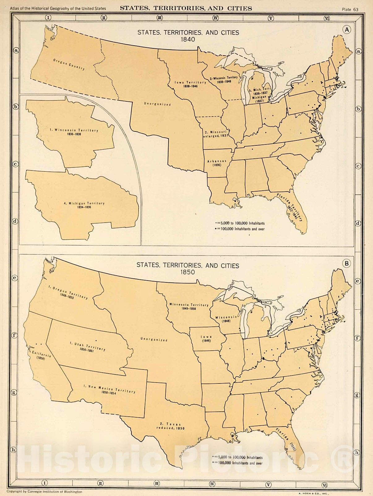 Historic Map : Plate 63. States, Territories and Cities, 1840 - 1850., 1932, Vintage Wall Decor