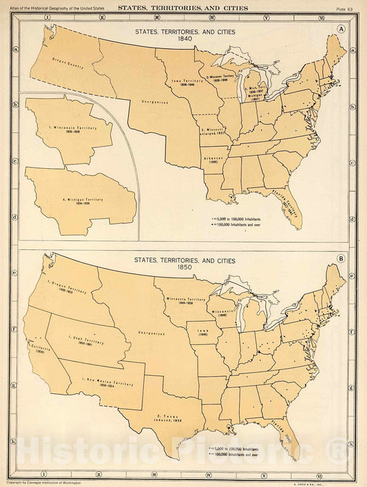 Historic Map : Plate 63. States, Territories and Cities, 1840 - 1850., 1932, Vintage Wall Decor