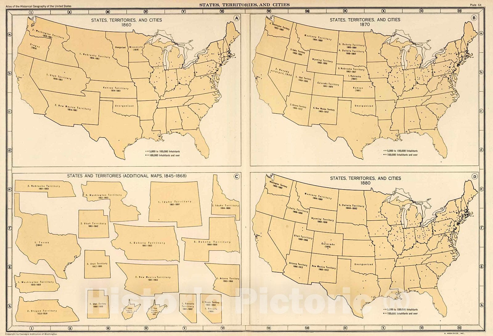 Historic Map : Plate 64. States, Territories and Cities, 1860 - 1880., 1932, Vintage Wall Decor