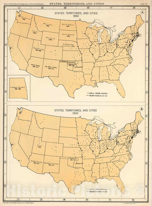 Historic Map : Plate 65. States, Territories and Cities, 1890 - 1900., 1932, Vintage Wall Decor