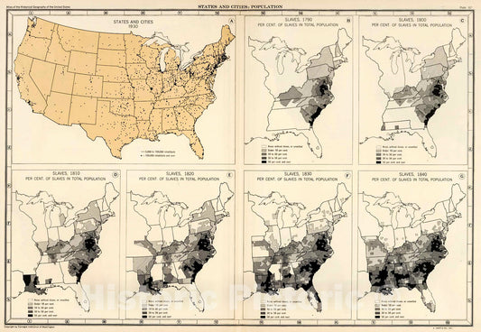 Historic Map : Plate 67. States and Cities: Population, 1930. Slaves, 1790 - 1840., 1932, Vintage Wall Decor