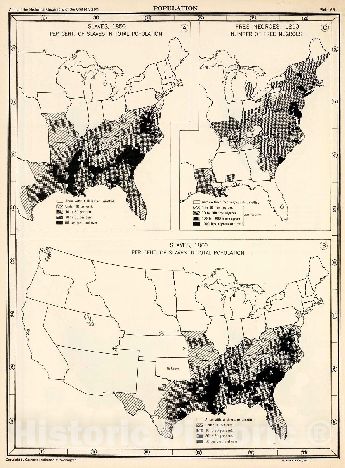Historic Map : Plate 68. Population. Slaves, 1850 - 1860. Free Negroes, 1810., 1932, Vintage Wall Decor