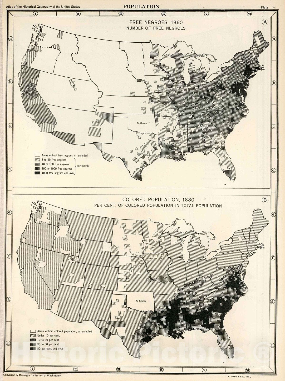 Historic Map : Plate 69. Population. Free Negroes, 1860. Colored Population, 1880., 1932, Vintage Wall Decor