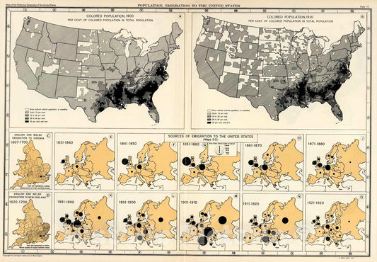 Historic Map : Plate 70. Population: Emigration to the United States., 1932, Vintage Wall Decor