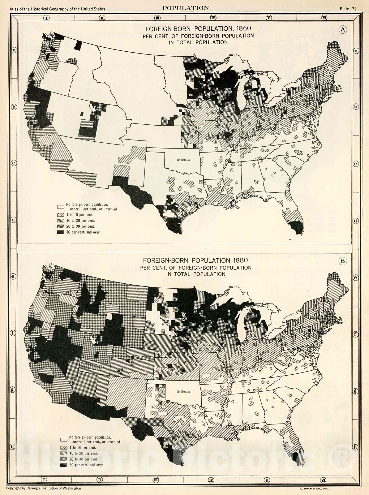 Historic Map : Plate 71. Population. Foreign-Born Population, 1860 - 1880., 1932, Vintage Wall Decor