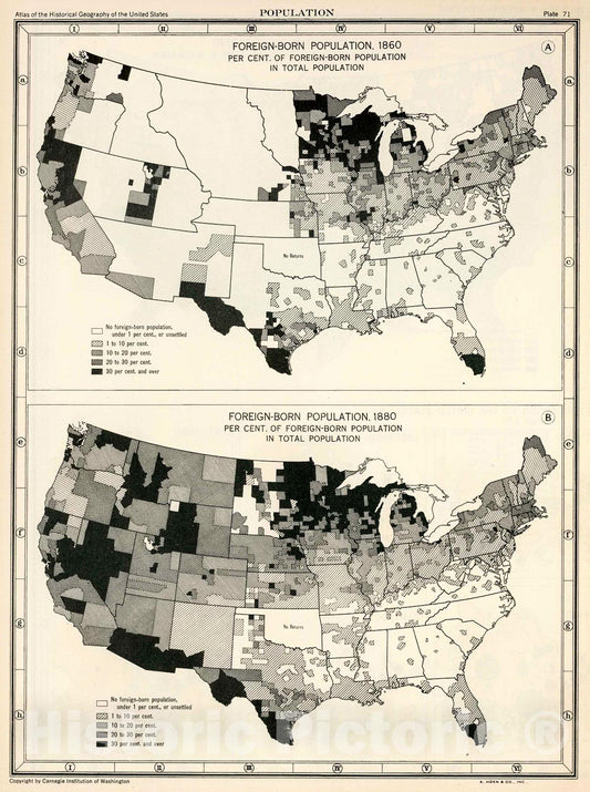 Historic Map : Plate 71. Population. Foreign-Born Population, 1860 - 1880., 1932, Vintage Wall Decor