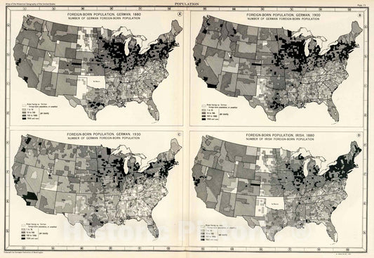 Historic Map : Plate 73. Population. Foreign-Born Population, German, Irish., 1932, Vintage Wall Decor