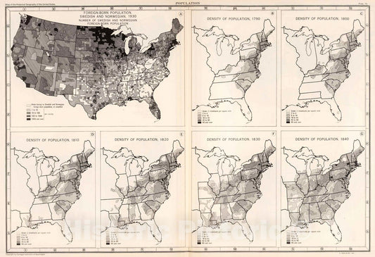 Historic Map : Plate 76. Population. Foreign-Born Population, Swedish and Norwegian, 1790. Density of Population, 1800 - 1840., 1932, Vintage Wall Decor