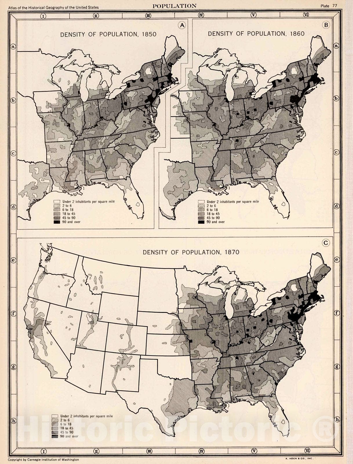 Historic Map : Plate 77. Population. Density of Population, 1850 - 1870., 1932, Vintage Wall Decor