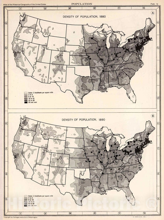 Historic Map : Plate 78. Population. Density of Population, 1880 -1890., 1932, Vintage Wall Decor