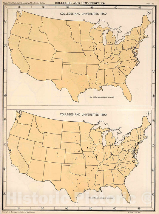 Historic Map : Plate 81. Colleges and Universities, 1860 -1890., 1932, Vintage Wall Decor