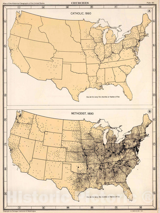 Historic Map : Plate 85. Churches, 1860., 1932, Vintage Wall Decor