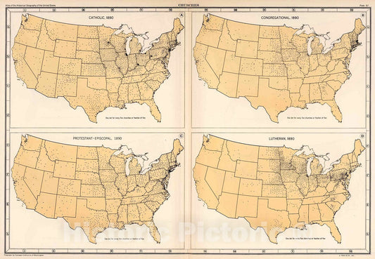 Historic Map : Plate 87. Churches, 1890., 1932, Vintage Wall Decor