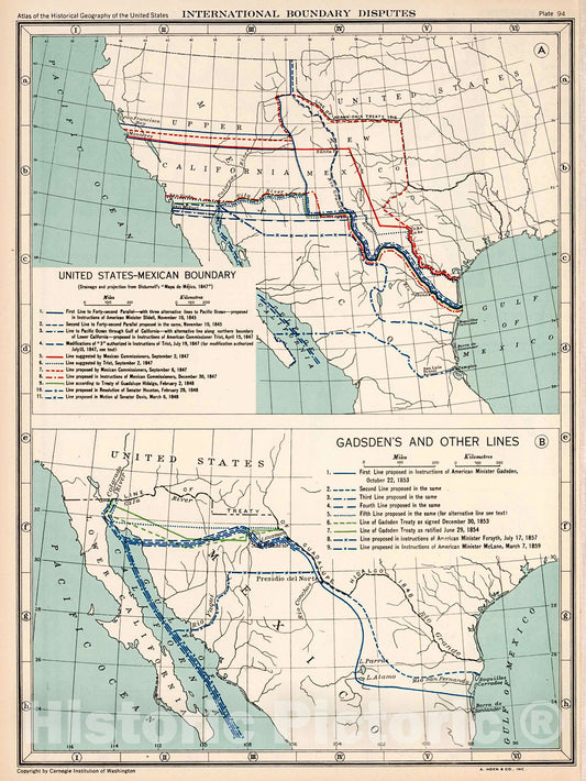 Historic Map : Plate 94. International Boundary Disputes. United States - Mexican Boundary. Gadsden's and Other Lines., 1932, Vintage Wall Decor