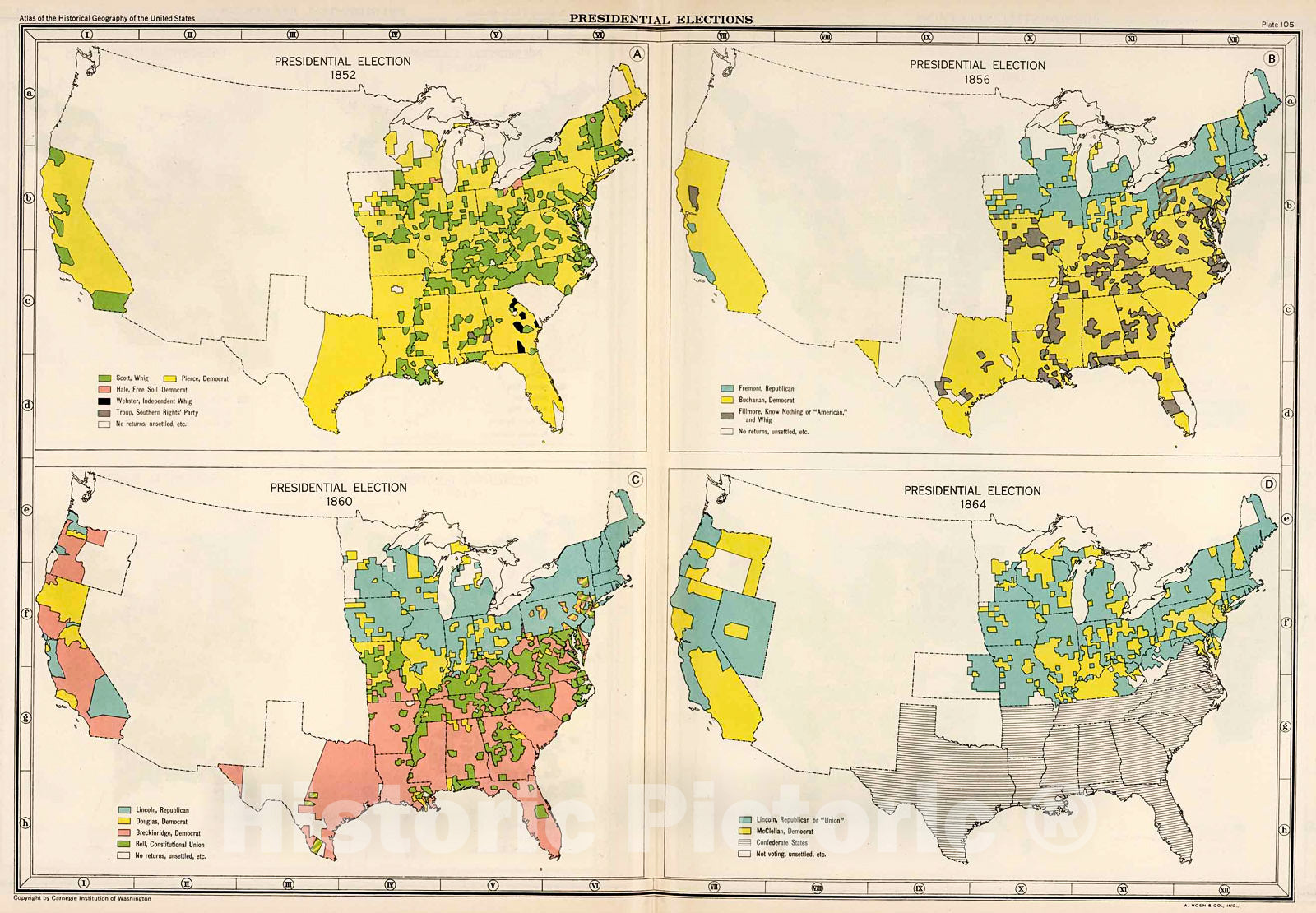 Historic Map : Plate 105. Presidential Election 1852 - 1864., 1932, Vintage Wall Decor