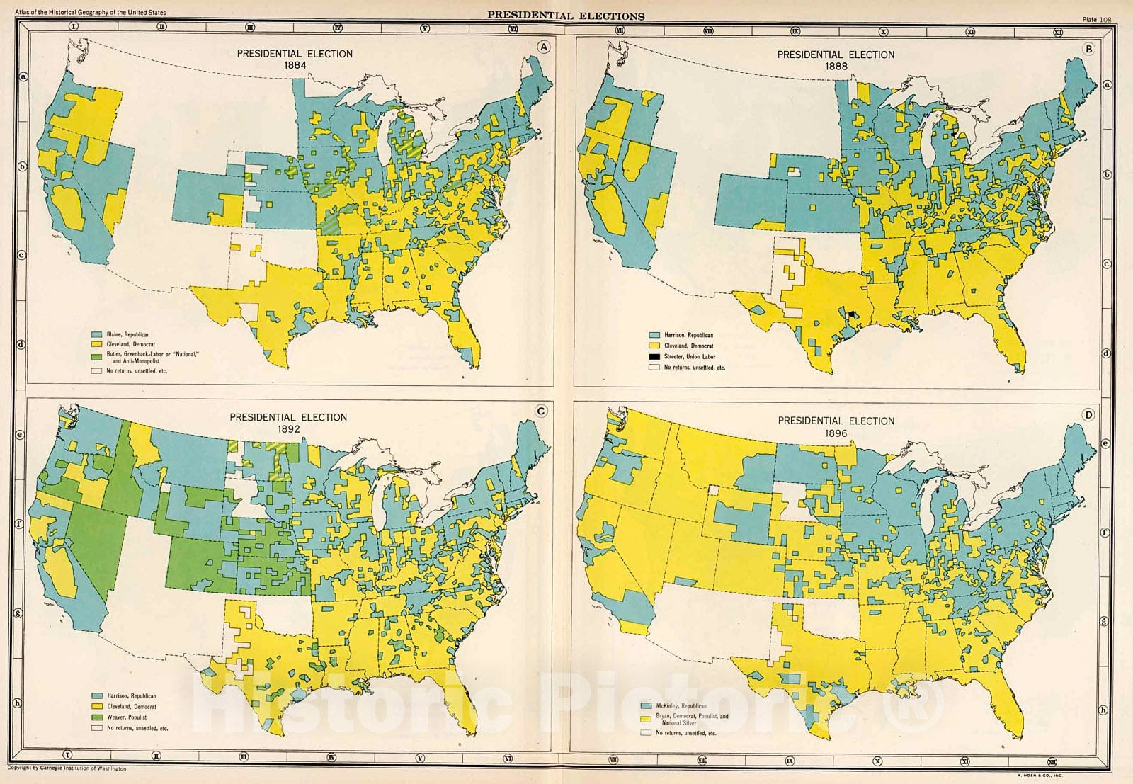 Historic Map : Plate 108. Presidential Election 1884 - 1896., 1932, Vintage Wall Decor