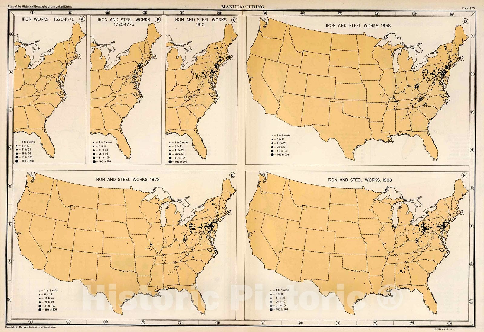 Historic Map : Plate 135. Manufacturing. Iron Works 1620 - 1675. Iron and Steel Works, 1725 - 1908., 1932, Vintage Wall Decor